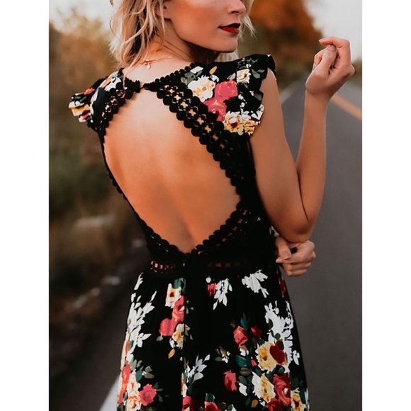 Black Floral Boho High Low Dress With Open Back - Picture 5 of 6